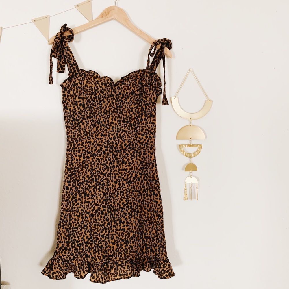 Shein Leopard Tie Sweetheart Ruffle Dress Size S